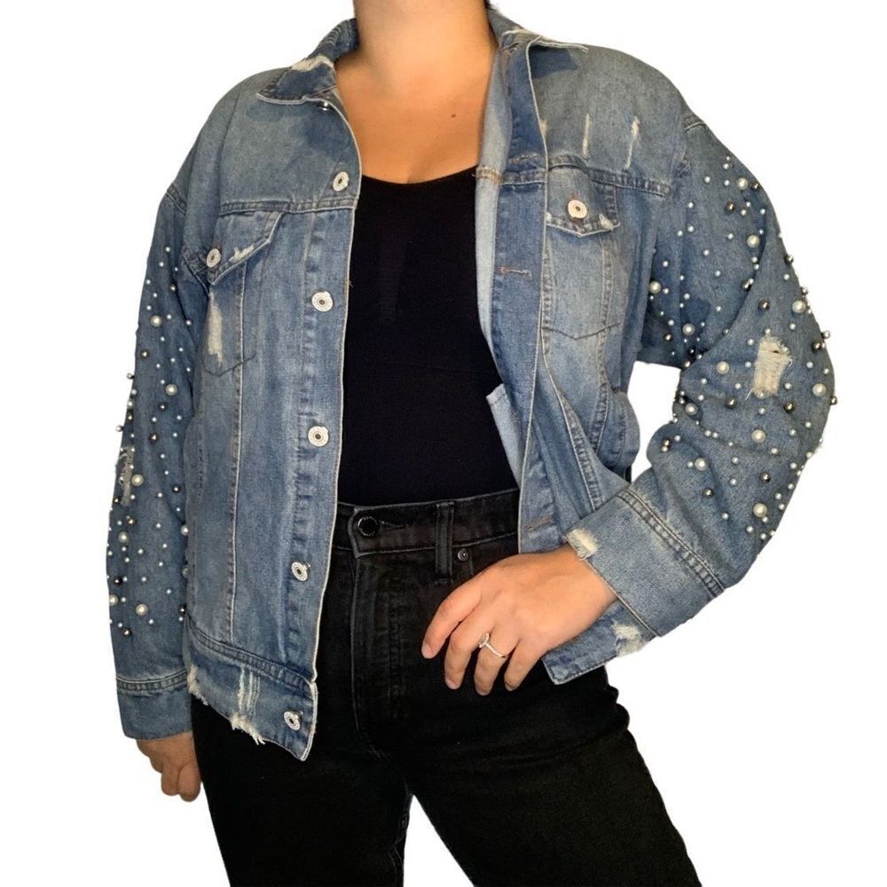 Elan Distressed Blue Denim Jacket with Pearl Embellishments - Picture 3 of 14